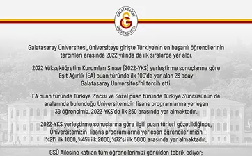 2022-YKS yerleştirme sonuçlarına göre, Türkiye’nin en başarılı öğrencilerinin tercihleri arasında Galatasaray Üniversitesi ilk sıralarda duyuru görseli